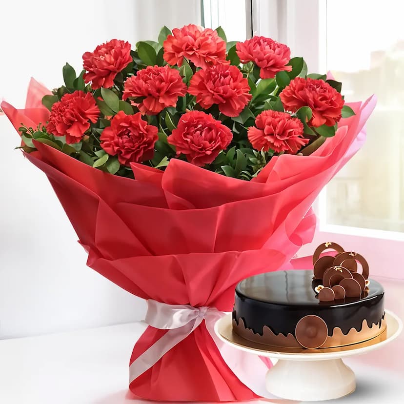 Carnations Bouquet in a Red Packing With Cake