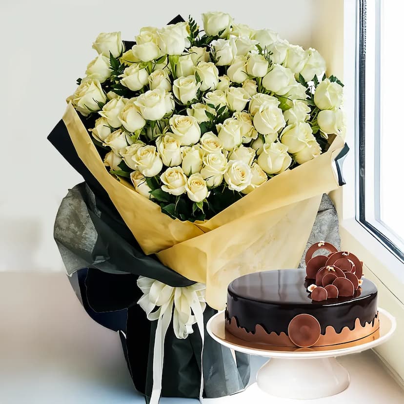 40 white roses bouquet with half kg chocolate cake