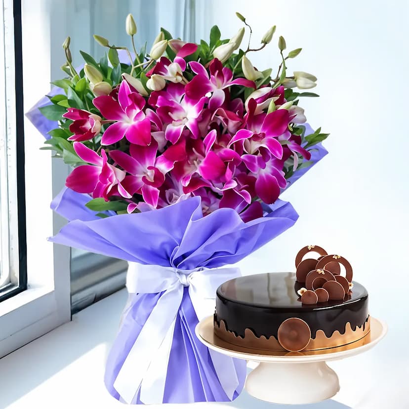 7 purple orchids bouquet and half kg cake