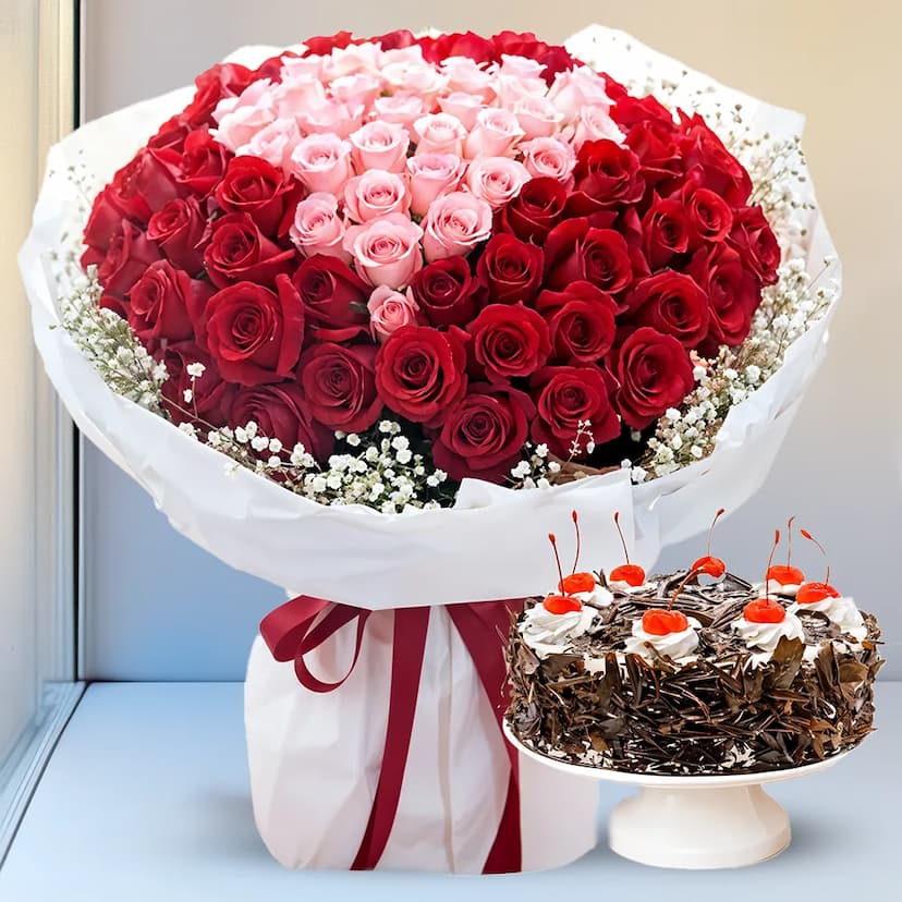 pink and red roses bouquet with chocolate cake of half kg