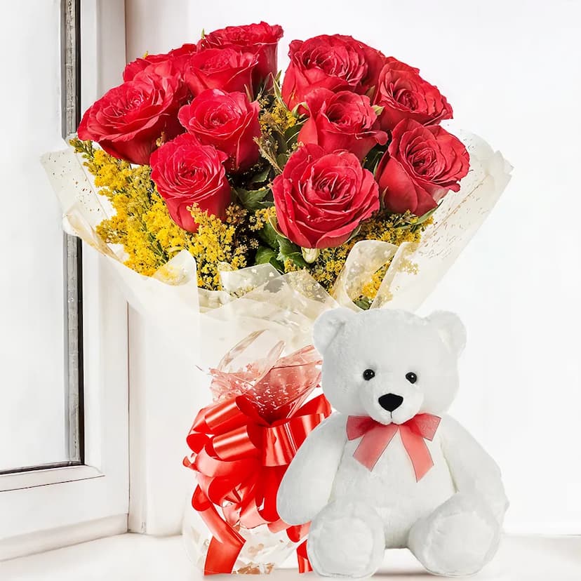 10 red roses bouquet and 6 inchec teddy