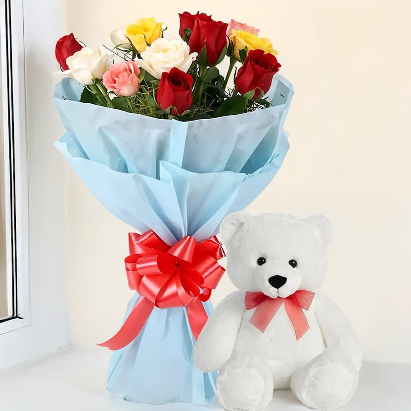 Roses Bouquet With Small Teddy