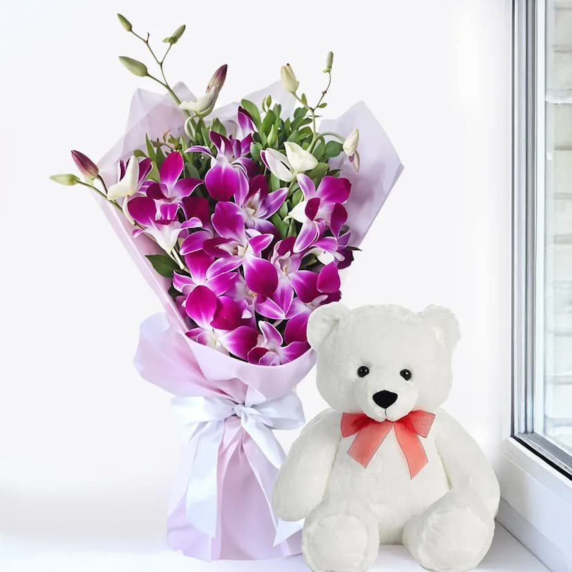 Orchids Bouquet & Teddy