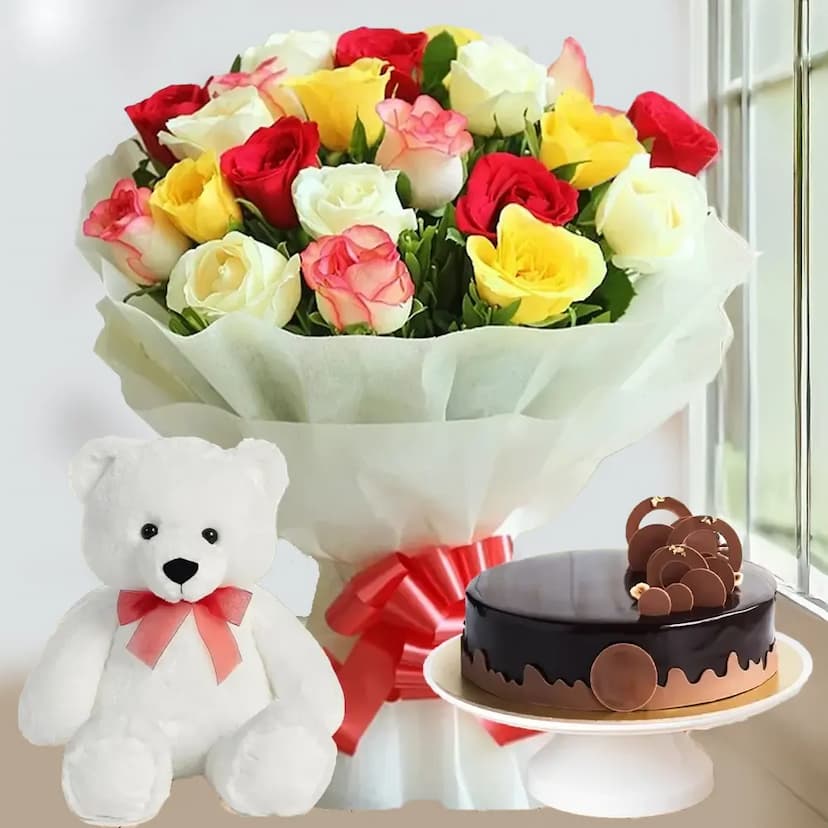 Mixed Roses Bouquet With Cake & Teddy