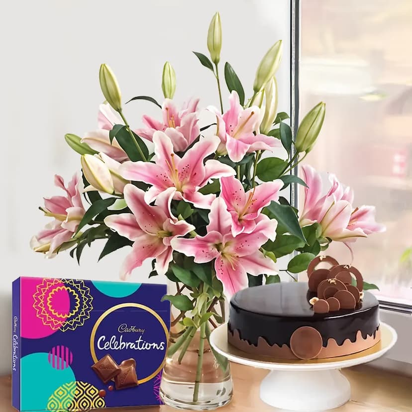 Pink Lilies in a Vase, Cake & Chocolate