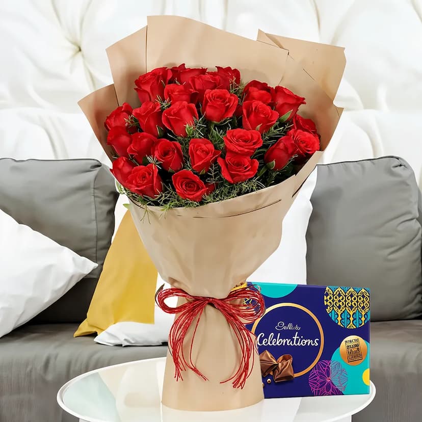 20 red roses bouquet with cadbury celebration chocolate