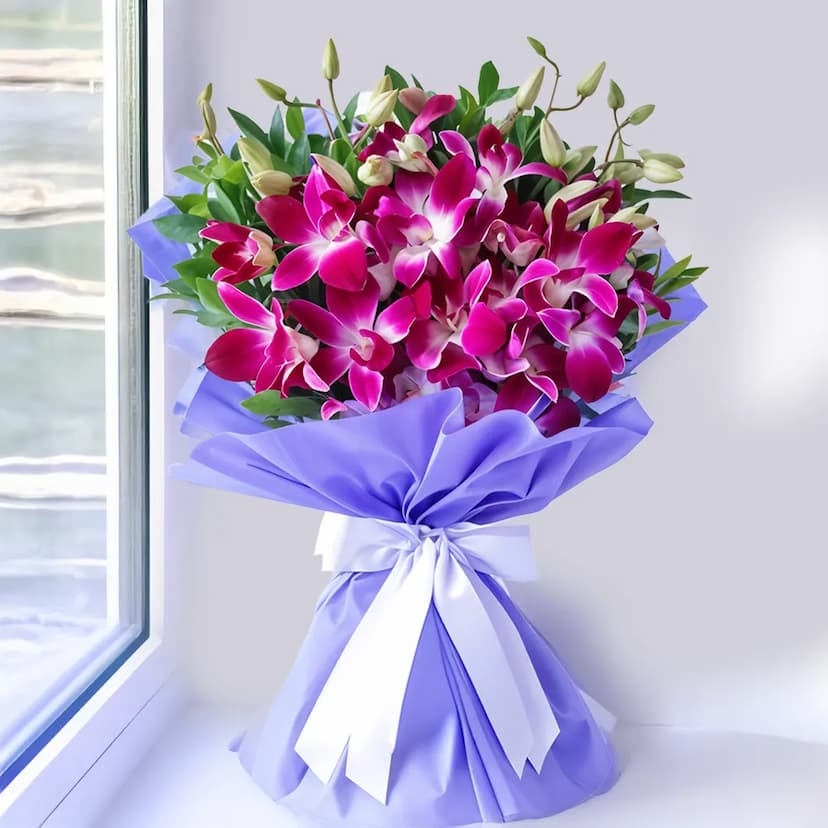 10 purple orchids bouquet