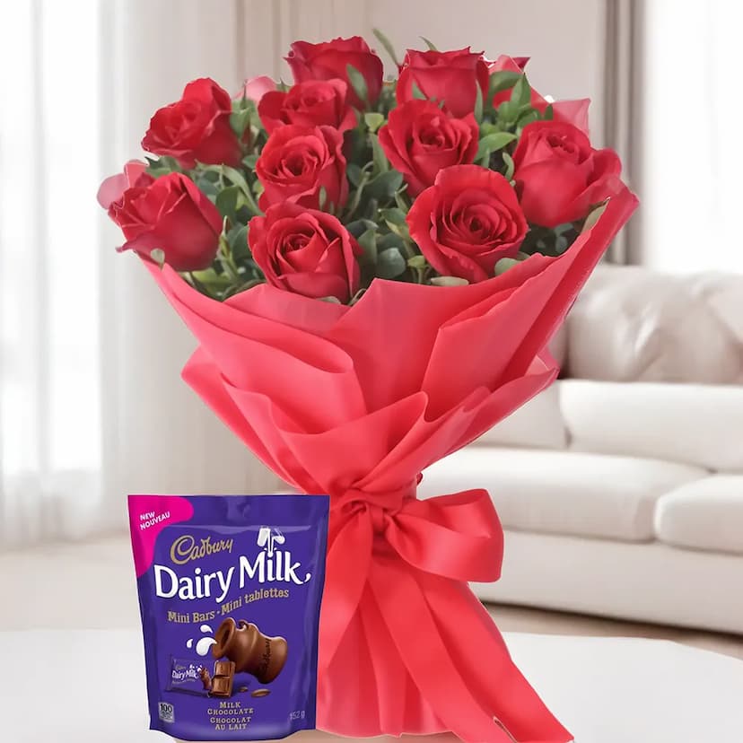 Bouquet of Red Roses and Chocolates