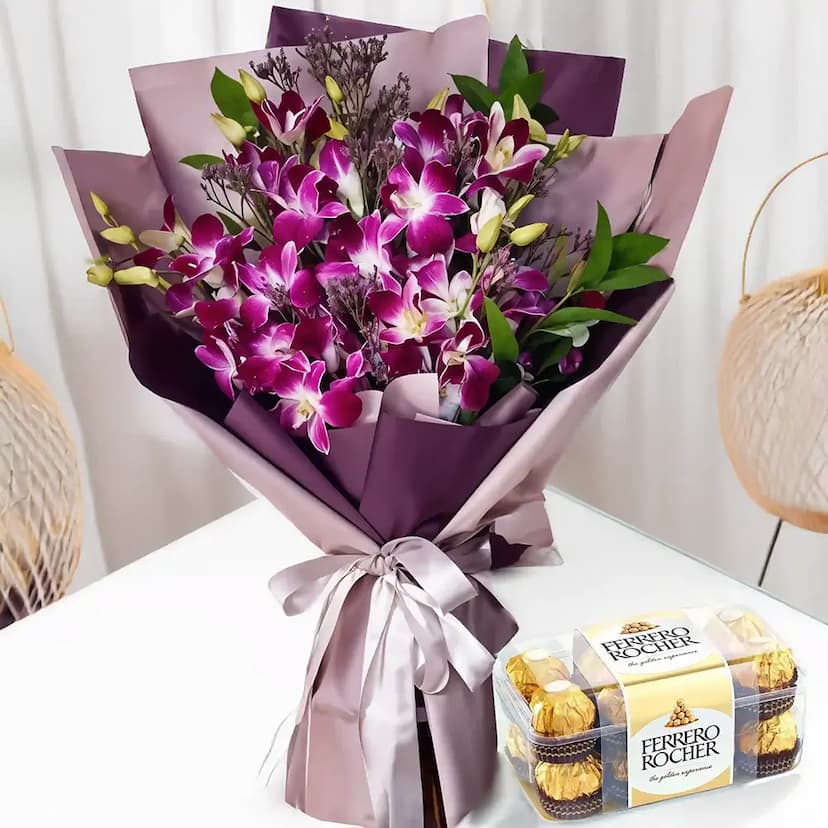 purple orchids bouquet with ferrero rocher chocolates