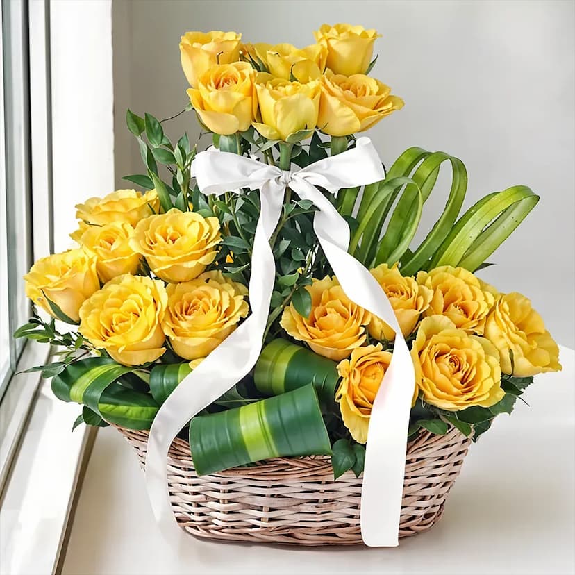 18 yellow roses in a basket