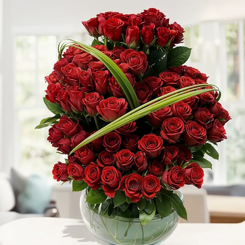 100 red roses vase