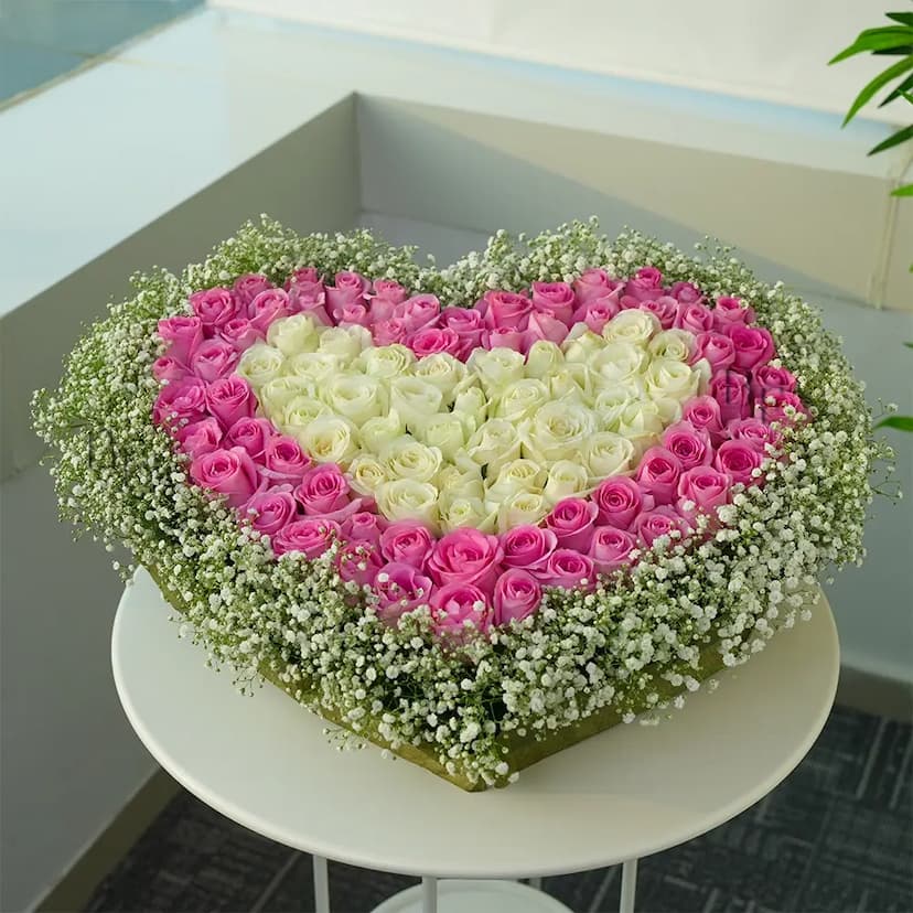 Heart Shaped Arrangement of White & Pink Roses