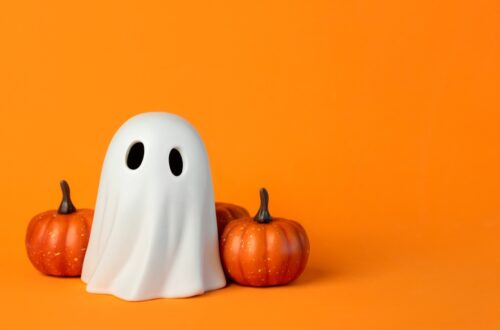 halloween ghost and pumpkin in orange background