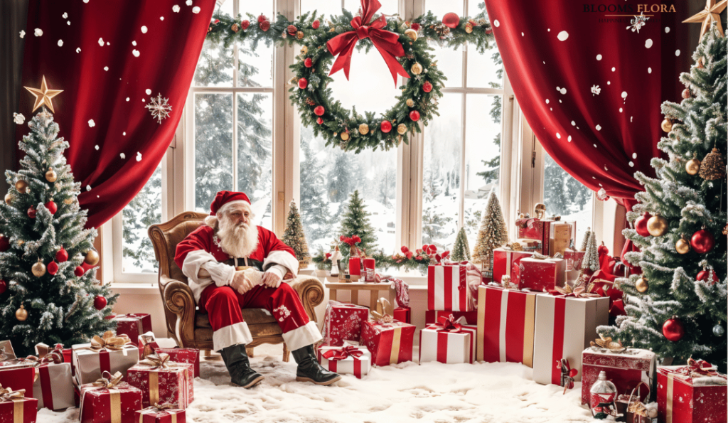 Santa Claus sitting in a cozy room decorated with Christmas trees, red curtains, a wreath, and piles of wrapped gifts, with a snowy landscape outside.