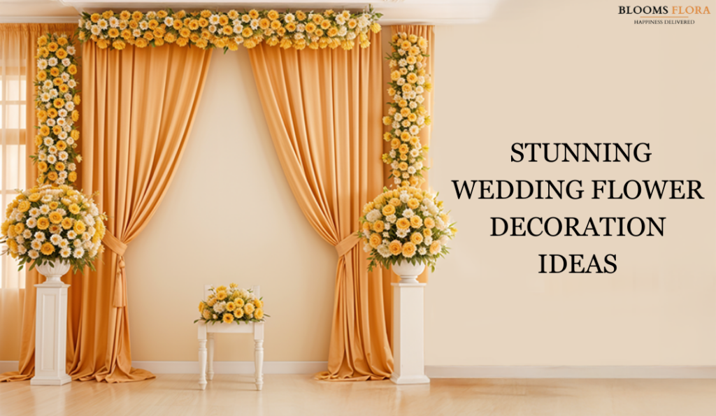 Elegant wedding decor with golden drapes, vibrant yellow & white flowers on arches and pedestals. Text: Stunning Wedding Flower Decoration Ideas