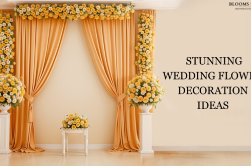 Elegant wedding decor with golden drapes, vibrant yellow & white flowers on arches and pedestals. Text: Stunning Wedding Flower Decoration Ideas