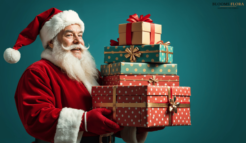 Santa Claus joyfully holding a stack of colorful, festive Christmas gifts wrapped with bows, against a teal background with a "Blooms Flora" logo.