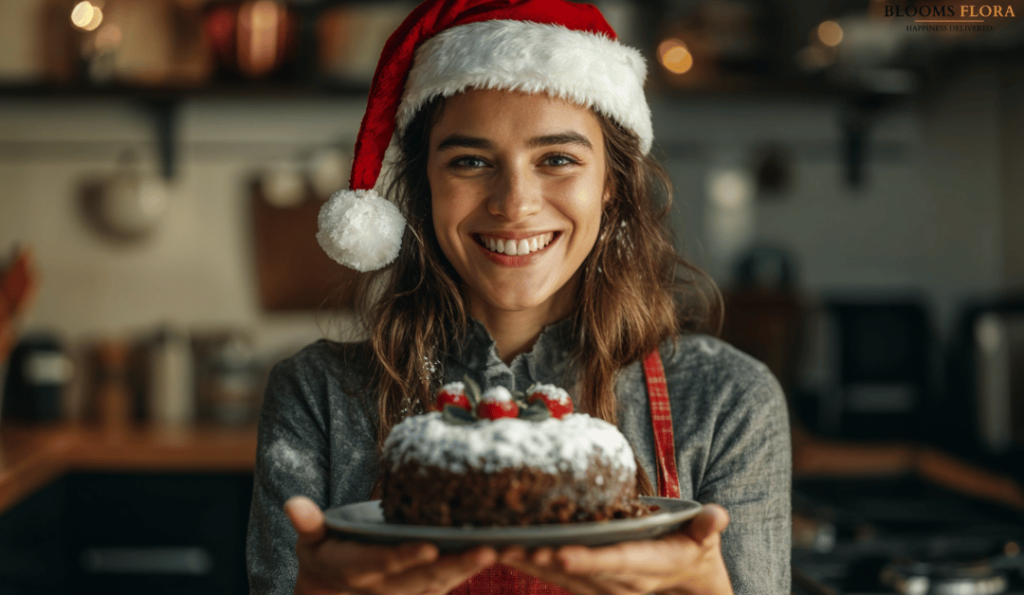 Smiling woman in a Santa hat holding a festive Christmas cake dusted with powdered sugar, decorated with berries, in a cozy kitchen setting.