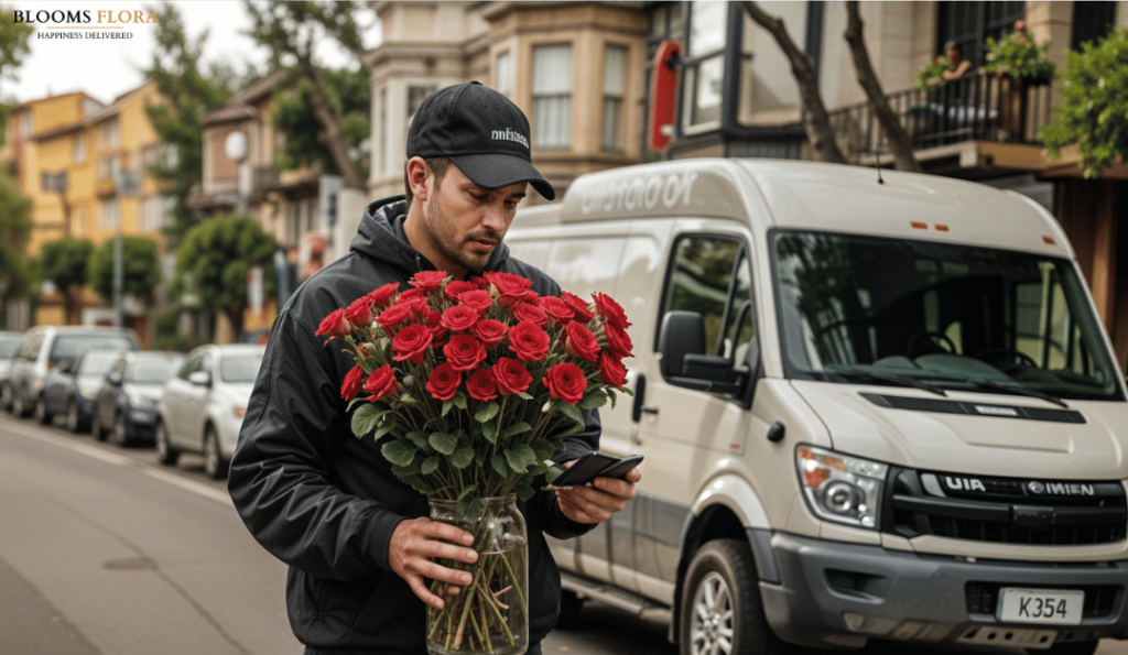 Delivery person wearing a cap holding a bouquet of red roses in a glass vase, checking their phone, with a delivery van parked nearby on a city street.