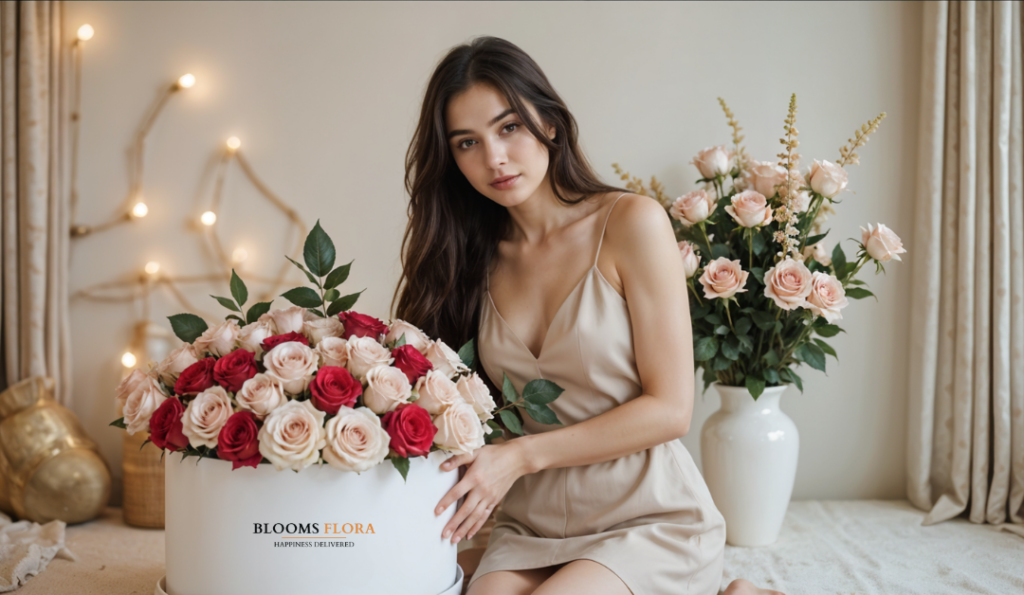 A woman seated next to a luxurious arrangement of red and blush roses in an elegant white container, surrounded by softly lit decor.