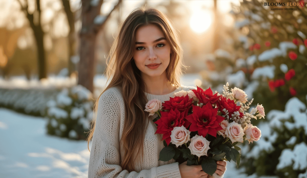 Young woman in a cozy sweater holding a bouquet of red poinsettias and pink roses, standing in a snowy garden with a warm sunset glow."