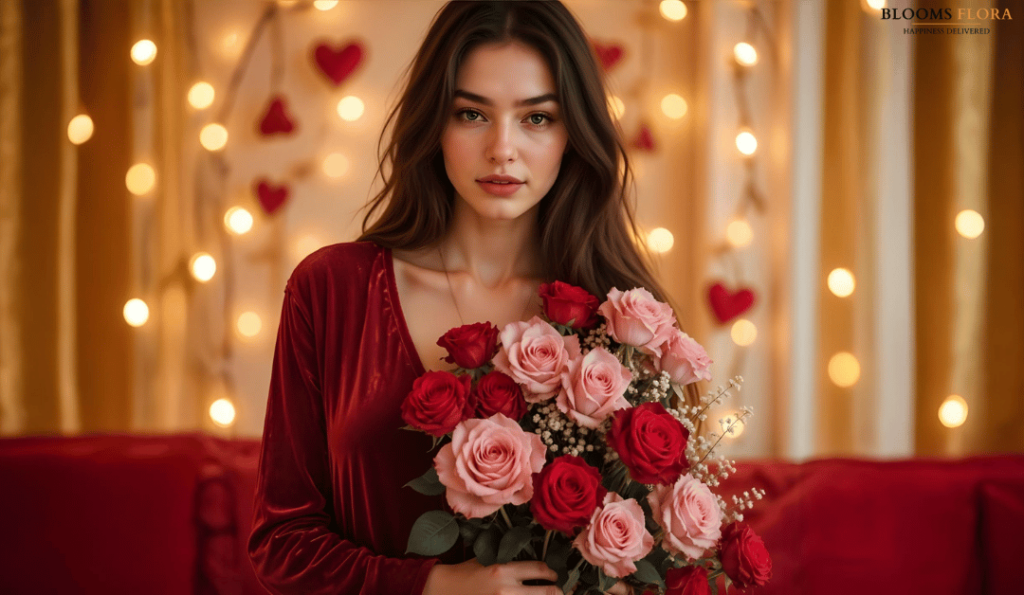 Elegant woman in a red velvet dress holding a bouquet of pink and red roses, surrounded by fairy lights and heart-shaped decor in a cozy, romantic setting."