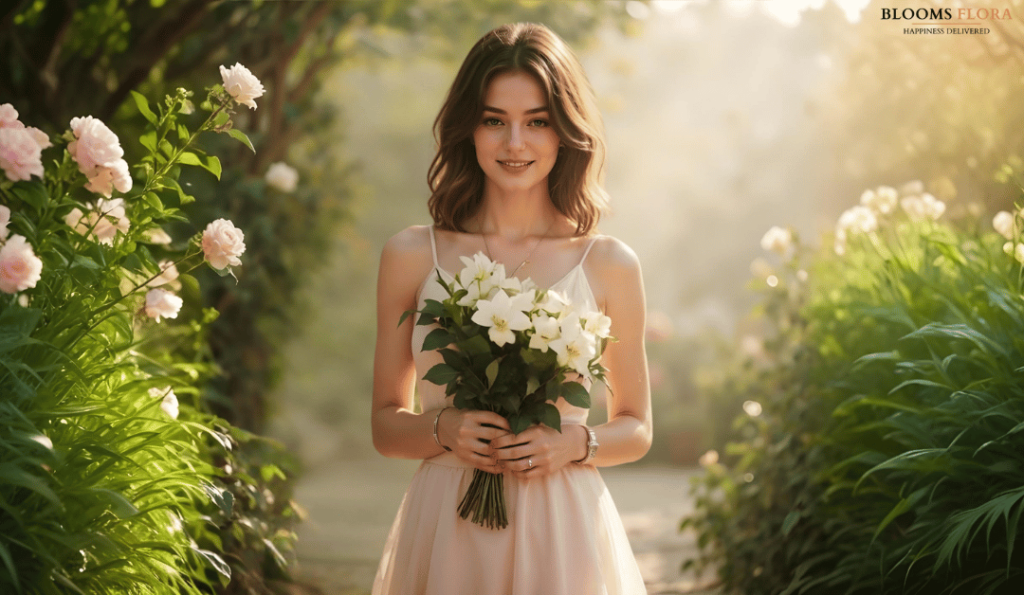 Smiling woman in a pink dress holding white flowers on a sunny garden path, radiating elegance."