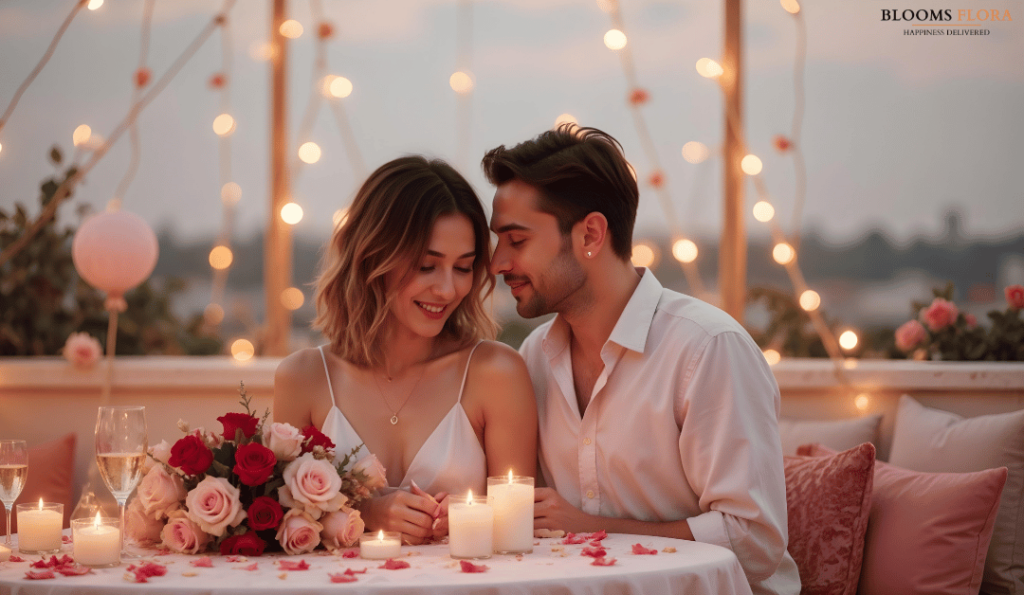 Romantic couple enjoying a candlelit dinner with roses and soft fairy lights in the background, creating a dreamy and intimate ambiance.