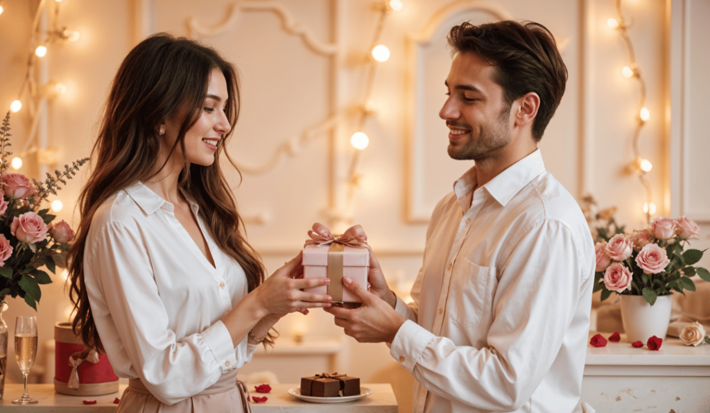 A happy couple exchanging a beautifully wrapped pink gift in a romantic setting adorned with Valentine gifts.