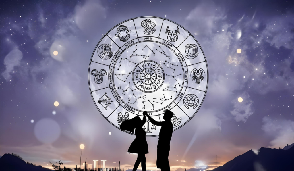 Zodiac signs wheel glowing in a starry night sky with a couple's silhouette dancing below, set against a mountain backdrop.